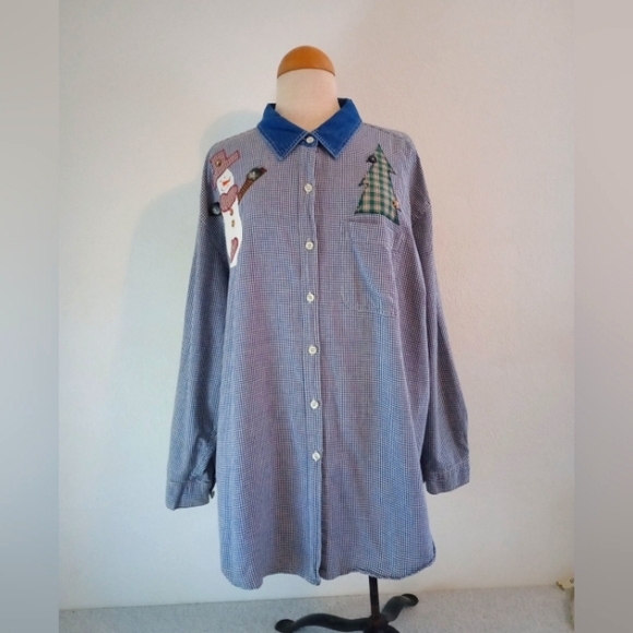 Vtg Haiks Blue Check Button Down Top  Embroidered Snowman, Tree Women's SZ 3X - Picture 1 of 8